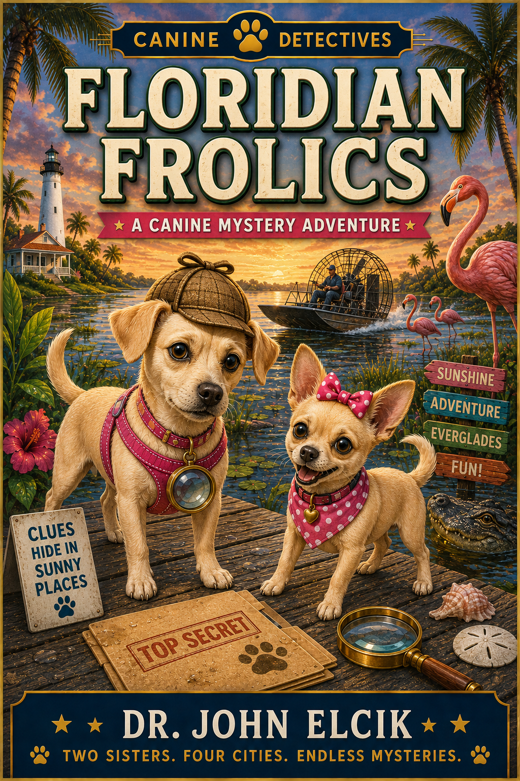 Approved Floridian Frolics cover by Dr. John Elcik, featuring two canine detectives in a Florida waterside scene.